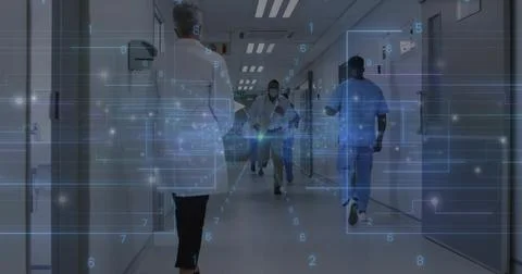 Walking central doctor hurrying down hospital corridor, lab coat, stethoscope, Stock Photos