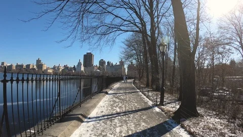 Walking in central park covered in snow, near lake. New York, USA Stock Footage 114585866