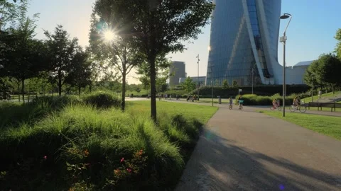 Walking on a city park road Stock Footage 133673052