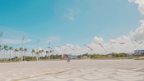 Walking in a city square with huge distant flags blowing in wind Stock Footage 88762727