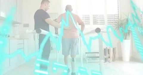 Walking client in coral with prosthesis on parallel bars in rehab, therapist Stock Photos