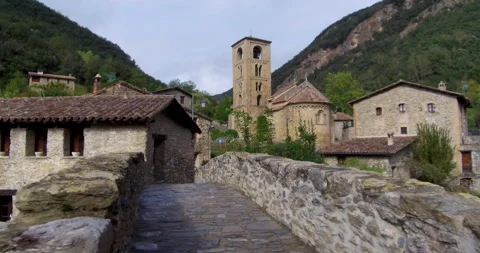 Walking the cobbled streets of Beget, a medieval small town in Catalonia, Spain. Stock Footage 266996737