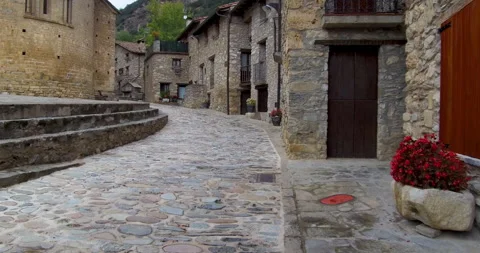 Walking the cobbled streets of Beget, a medieval small town in Catalonia, Spain. Stock Footage 267016734