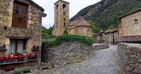 Walking the cobbled streets of Beget, a medieval small town in Catalonia, Spain. Stock Footage 267016788