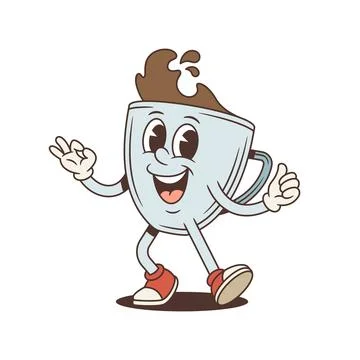 Walking coffee cup mascot shows okay and thumbs up signs. Funny comic persona Stock Illustration