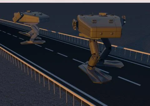 Walking combat robot (Highway in the desert) Stock Illustration