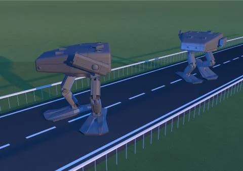 Walking combat robot (on the highway) Stock Illustration