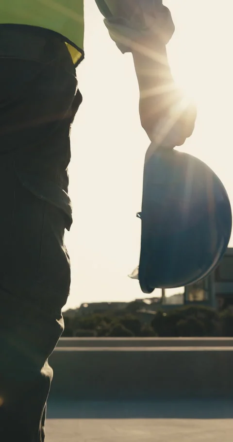 Walking, construction and hands of man with helmet for building project Stock Footage 345651917
