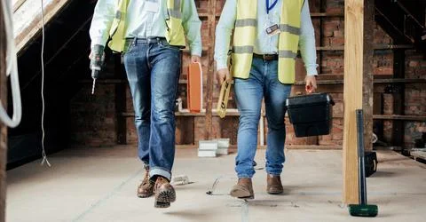 Walking, construction and teamwork with an engineer and designer working on a Stock Photos