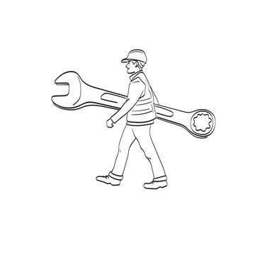 Walking construction worker holding large wrench in hand illustration vector Stock Illustration