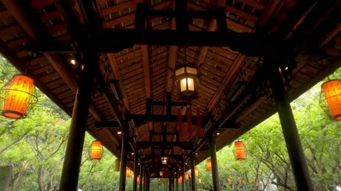 Walking in corridor of Chinese traditional garden, Chengdu, China. Stock Footage