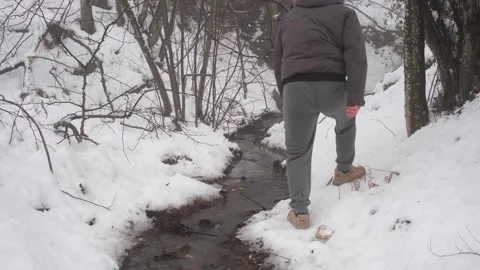 Walking by the creek in the snow Stock Footage 269428603