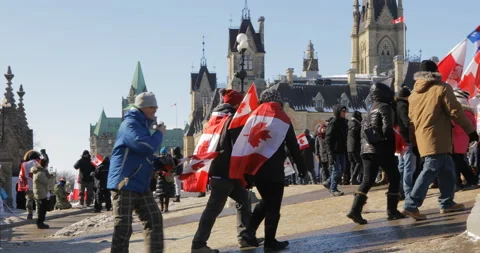 Walking Crowds of Protesters with Signs and Flags at Parliament Hill in Ottawa Vídeo Stock 170313174