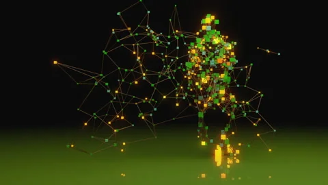 Walking Cube man in orange and green Stock Footage 234103581