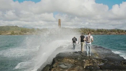 Walking Dangerous Rocks By Ocean Stock Footage 75274047