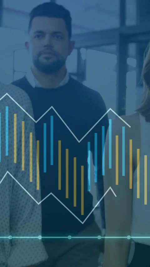 Walking with data visualization overlay, business professionals analyzing graphs Stock Footage 319617687