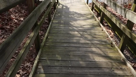 Walking on deck to lake on a sunny day Stock Footage