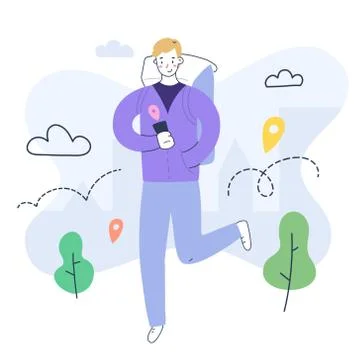 Walking delivery courier with box backpack and smartphone point map. Food Stock Illustration