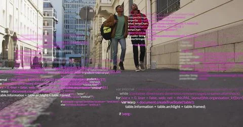 Walking developers in jackets with backpacks down narrow street with floating Stock Photos