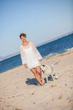 Walking dog on beach Stock Photos