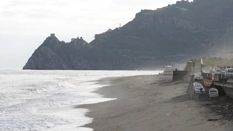 Walking with the dog on the beach with wind and rough sea Stock Footage 97816367