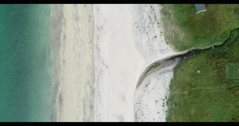 Walking dog on a deserted sand beach in arctic Norway with waves overhead shot Stock Footage 146956702