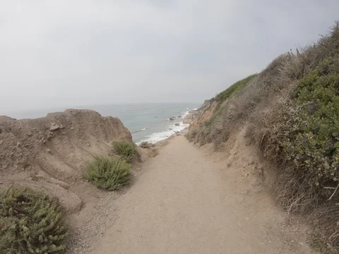 Walking Down Cliffside Path to the Malibu Beach Cloudy Day 4k  4:3 Stock Footage 92931847