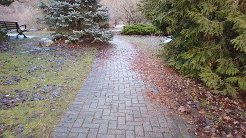 Walking Down Interlocking Brick Pathway In Park First Person View Stock Footage 103809988