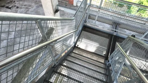 Walking Down Metal Staircase Mining Tower Belgium Stock Footage 221719197