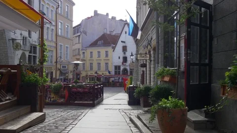 Walking down the narrow street in the old town of Tallinn, Estonia Video stock 79354950