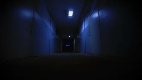 Walking Down Ominous Scary Corridor Horror Thriller Scene With Glowing Flashing Stock Footage 123406422