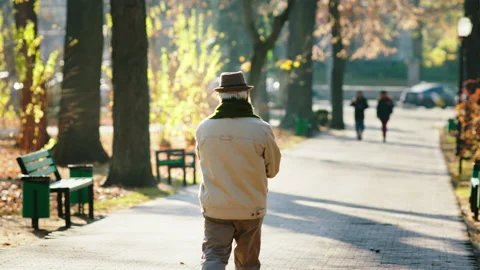 Walking down the park in the late autumn day old man in a vintage hat very Video stock 166633917