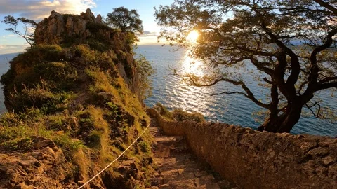 Walking down stairs down a rocky cliff overlooking the sea at sunrise. Plants Stock Footage 141808457