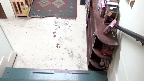 Walking Down Stairs Old Bookstore Creepy FPV 4k Video stock 211779760