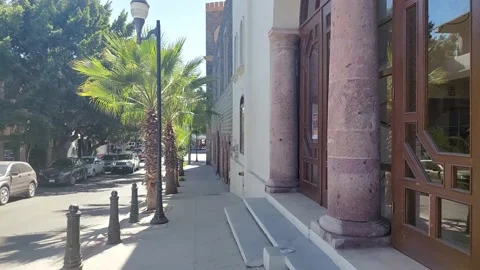 Walking down a street with palms and bricks on a sunny day Stock Footage 172384945