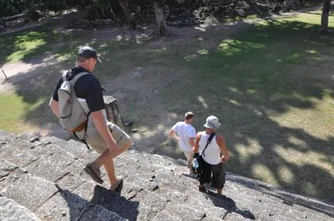 Walking Down the Temple Steps at Mayan Ruins Stock Photos