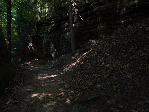 Walking down trail in forest along giant rock formation in Cuyahoga Valley Stock Footage 82636041