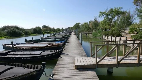 Walking Down the Wooden Jetty in the Canal Stock Footage