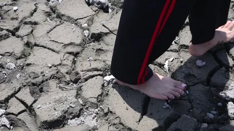 Walking on dry, cracked ground during a prolonged drought. Video stock 330829475