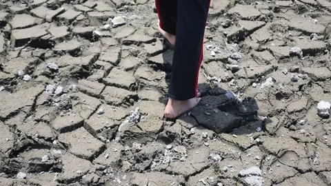 Walking on dry, cracked ground during a prolonged drought. Stock Footage 330829494