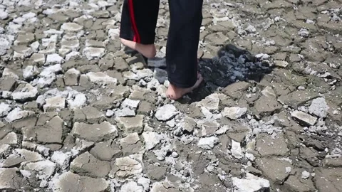 Walking on dry, cracked ground during a prolonged drought. Vidéo 330829496