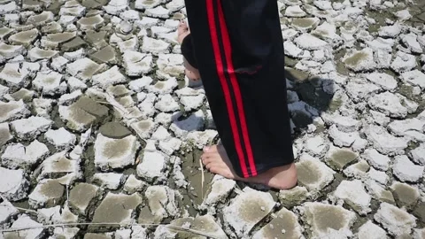Walking on dry, cracked ground during a prolonged drought. 库存影片 330829515