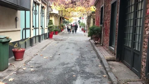 Walking on the empty street in the city Stock Footage 145288438