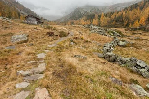 Walking at fall in a cloudy day in a mountain valley Stock Photos