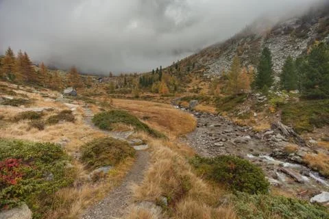 Walking at fall in a cloudy day in a mountain valley Stock Photos