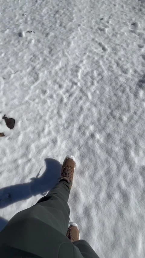 Walking feet on snow covered terrain with sound Stock Footage 302974252