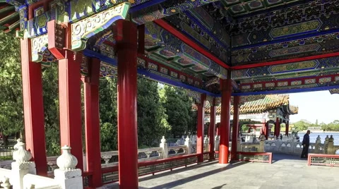 Walking in the Five Dragons Pavilions in Beihai Park, Beijing, China Stock-Footage 64264686