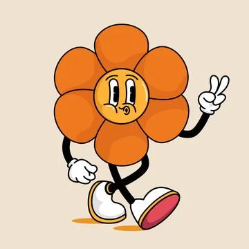 Walking flower character in vector illustration in vintage retro style Stock Illustration