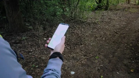 Walking in the forest, hiking trail, smart navigation app in hand -  4k footage Stock Footage 139804469