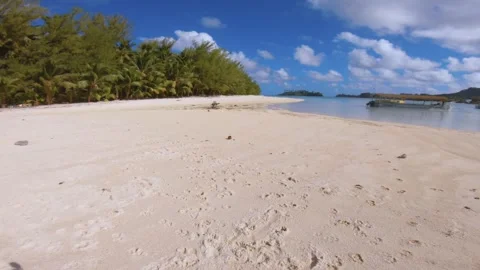 Walking forward view of shallow calm lagoon and white sandy beach with trees loo Stock-Footage 250402361